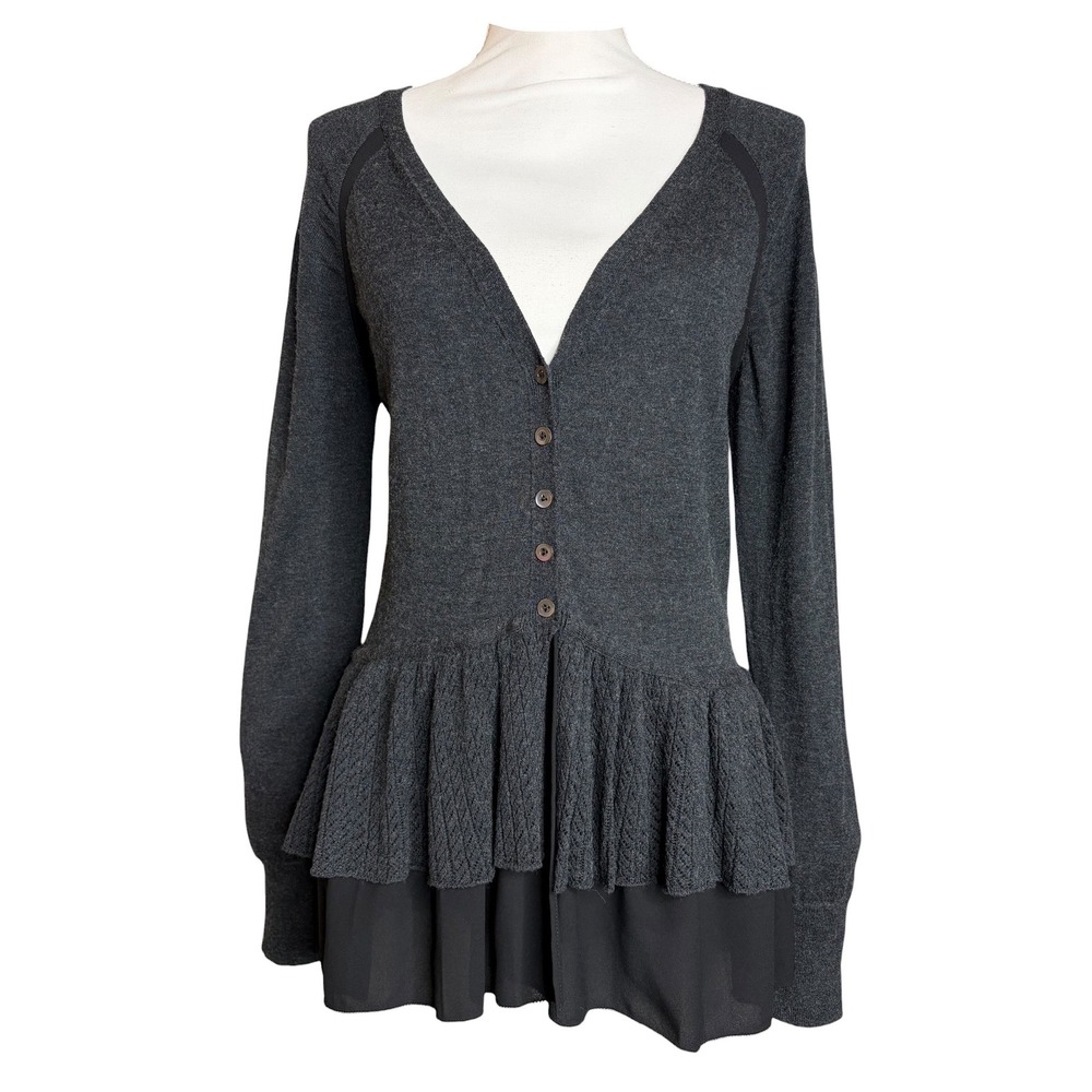 Anthropologie Knitted & Knotted Cardigan M Gray Wool Peplum Whimsigoth Sweater
